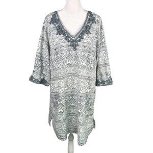 Lands End 1X Embroidered Tunic Dress Grey White Cover Up 100% Cotton 3/4 Sleeve